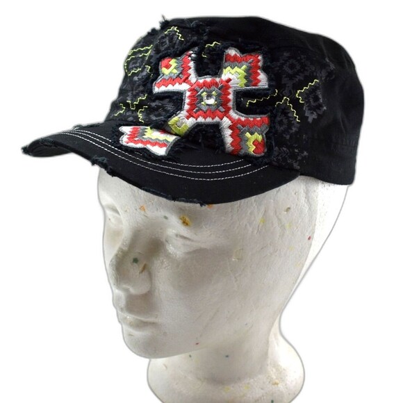 KB Ethos Black Distressed Southwestern Rhinestone Cross Ball Cap Baseball Hat - Picture 1 of 8